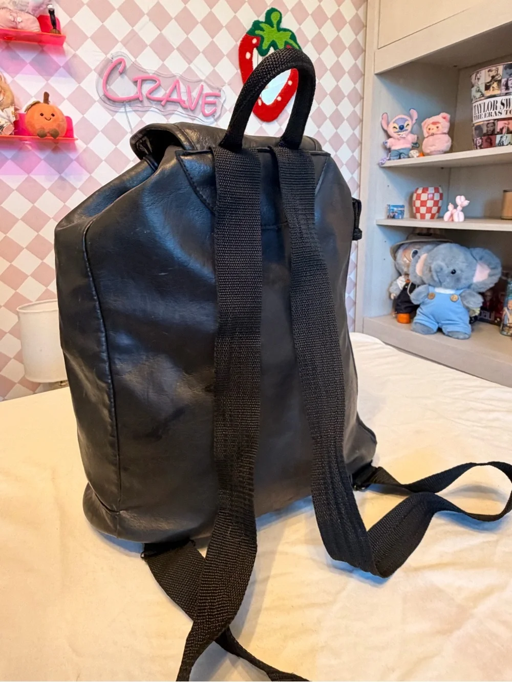 Du Monde Black Leather Cinch Top Backpack Full Size Commuter Travel